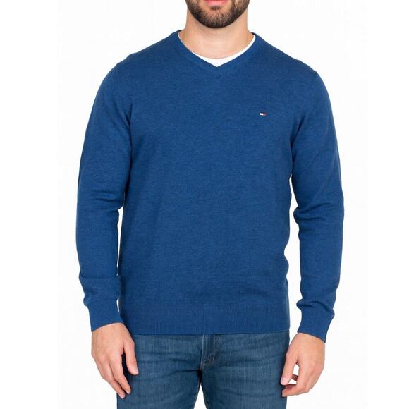 Tommy Hilfiger sweater Premium Cotton V-neck navy blue men' s SZ M - Picture 1 of 9